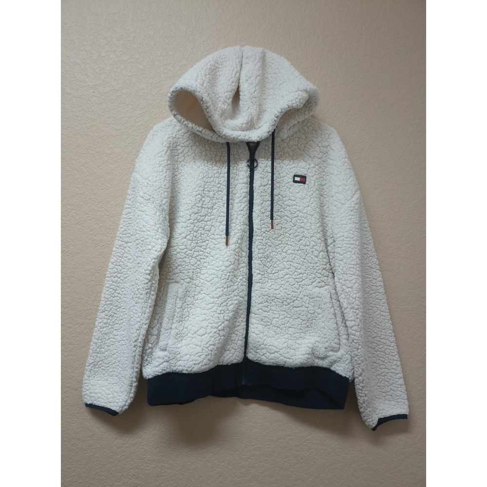 Tommy Hilfiger Womens Faux Sherpa Full Zip Hoodie White Jacket Cozy Size M L